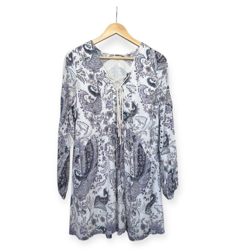 Free People Rain or Shine Peasant Lace Up Dress S Purple Paisley Boho Crochet - Picture 3 of 13